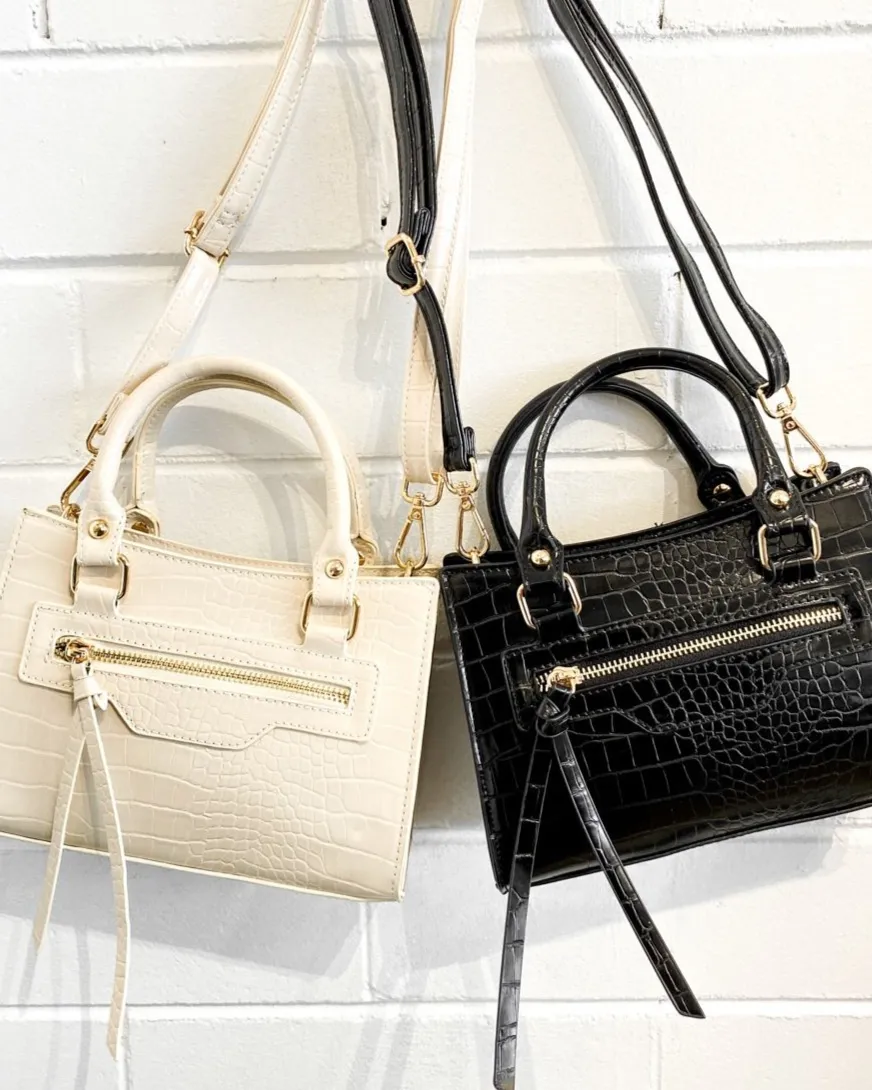 Emilia Croc Handle Bag - Black