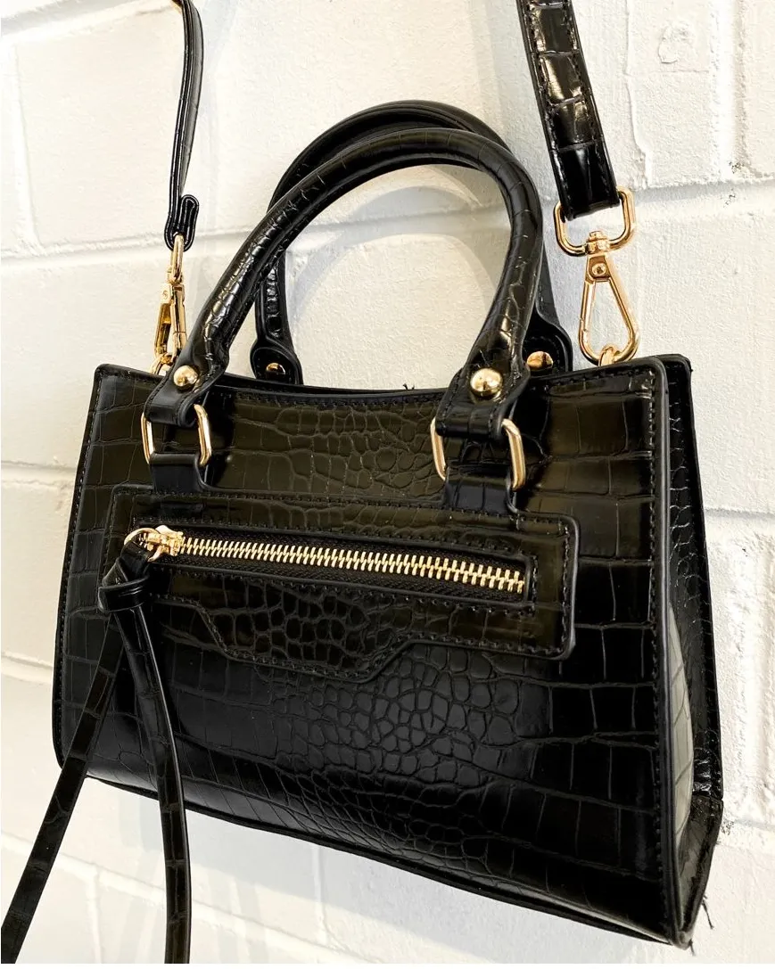 Emilia Croc Handle Bag - Black