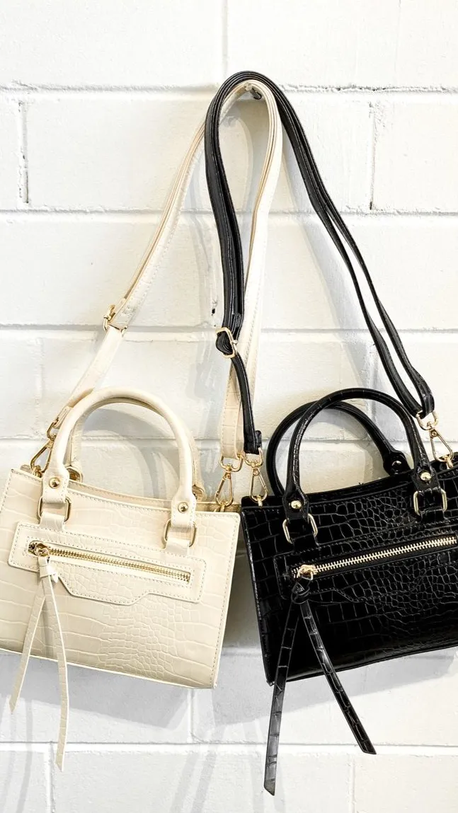 Emilia Croc Handle Bag - Black
