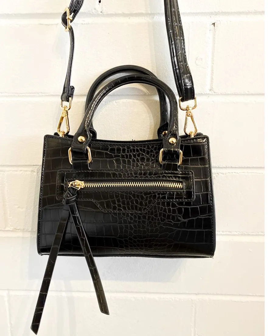 Emilia Croc Handle Bag - Black