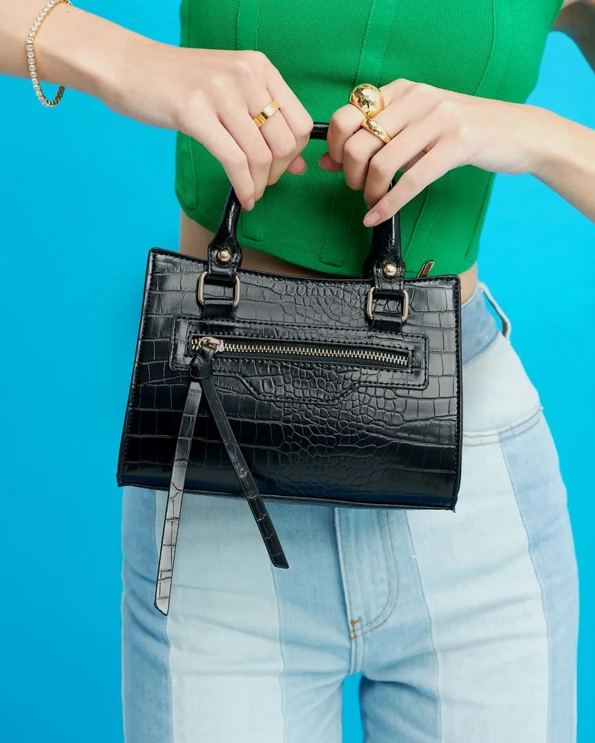 Emilia Croc Handle Bag - Black