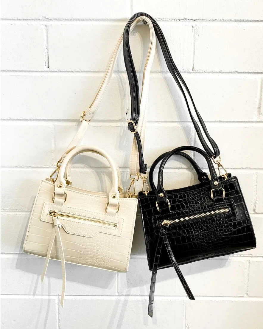 Emilia Croc Handle Bag - Black