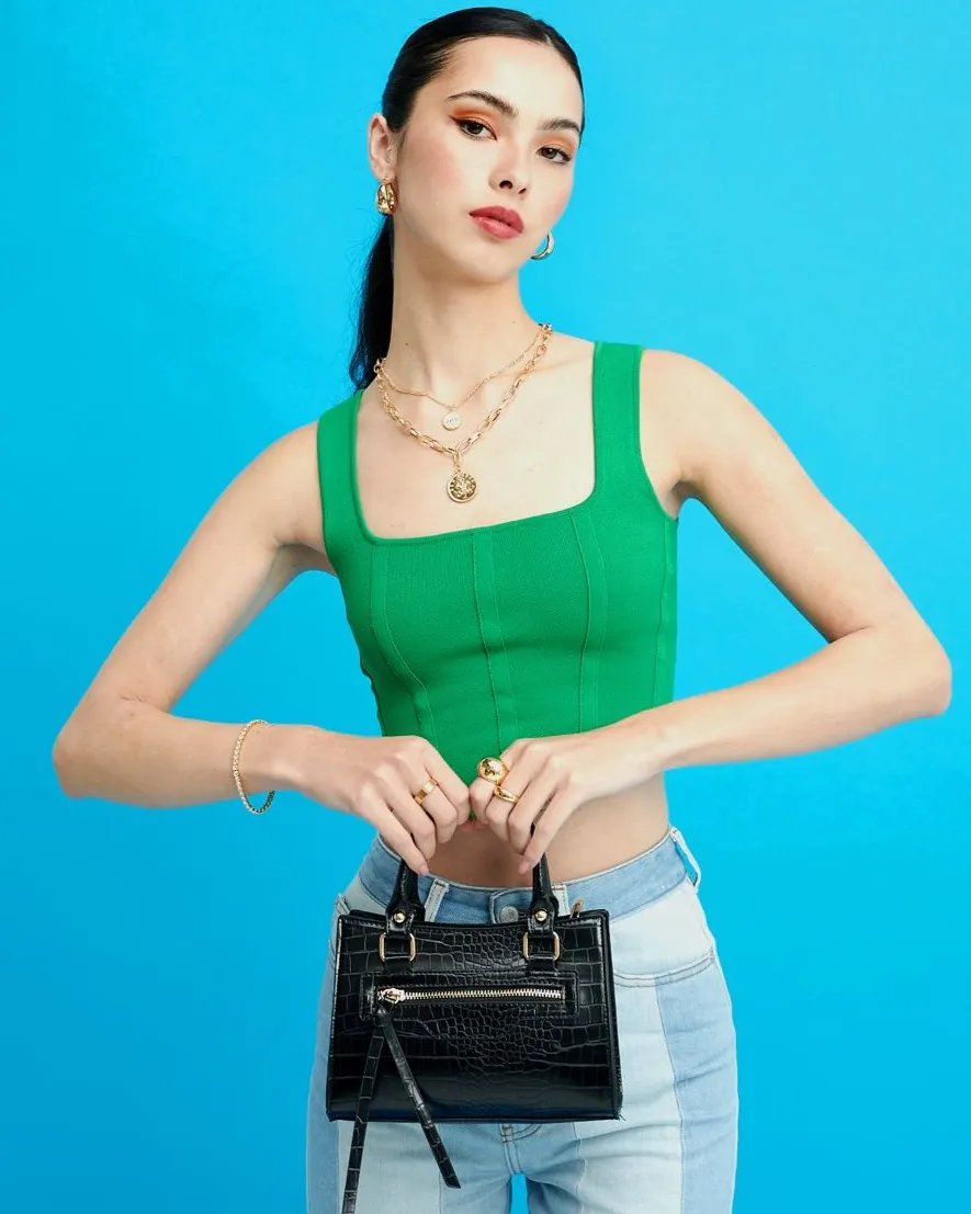 Emilia Croc Handle Bag - Black