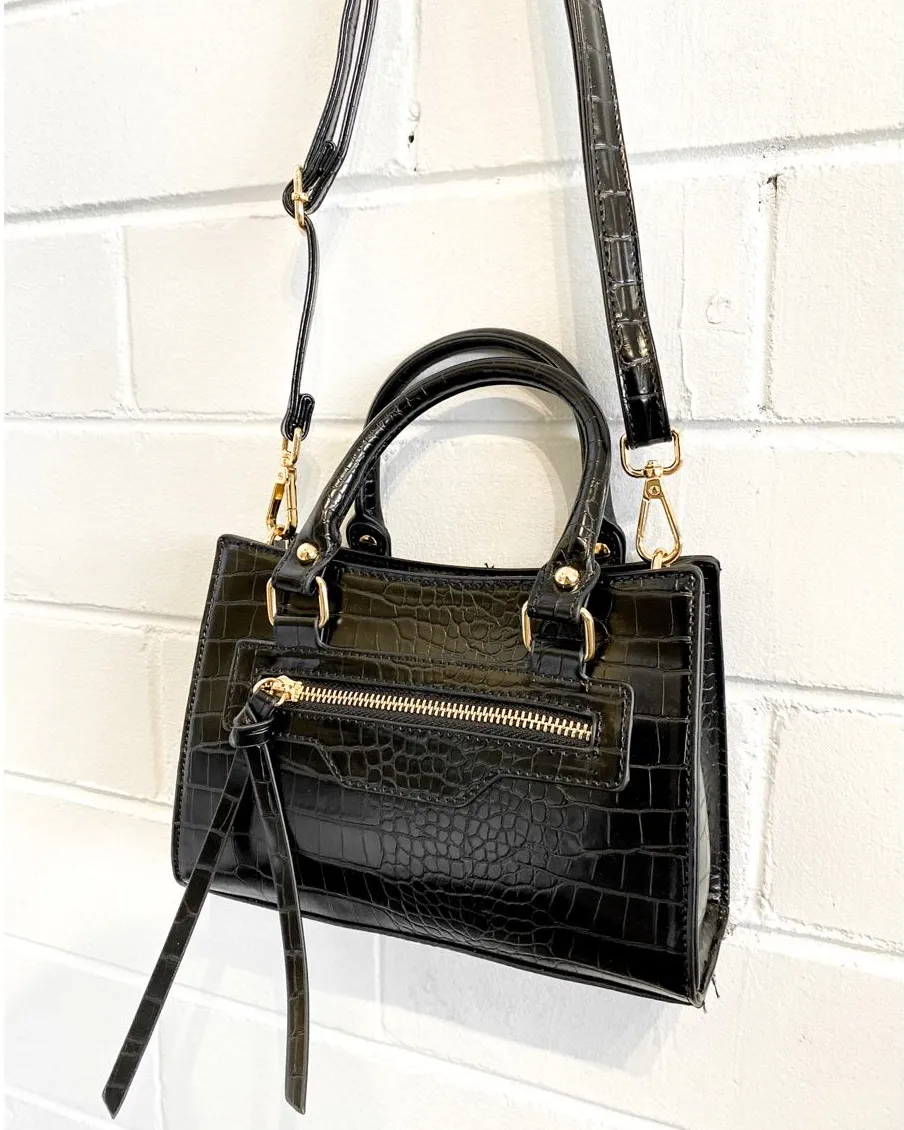 Emilia Croc Handle Bag - Black