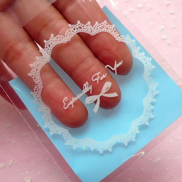Especially For You Gift Bags w/ Doily & Ribbon Pattern (20 pcs / Blue) Self Adhesive Resealable Clear Plastic Bags (7cm x 7cm) GB099