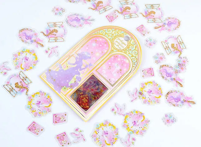 Fairy Tale Princess Sticker Flakes | Iridescent Fairy Kei Planner Stickers | Holographic Transparent PVC Sticker (Mirror Castle Flower Peace Dove Diary Book / 6 Designs / 36 Pieces)