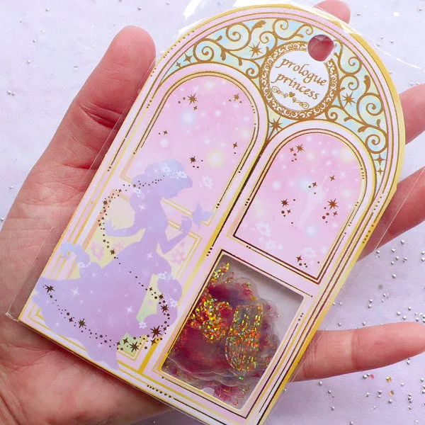 Fairy Tale Princess Sticker Flakes | Iridescent Fairy Kei Planner Stickers | Holographic Transparent PVC Sticker (Mirror Castle Flower Peace Dove Diary Book / 6 Designs / 36 Pieces)