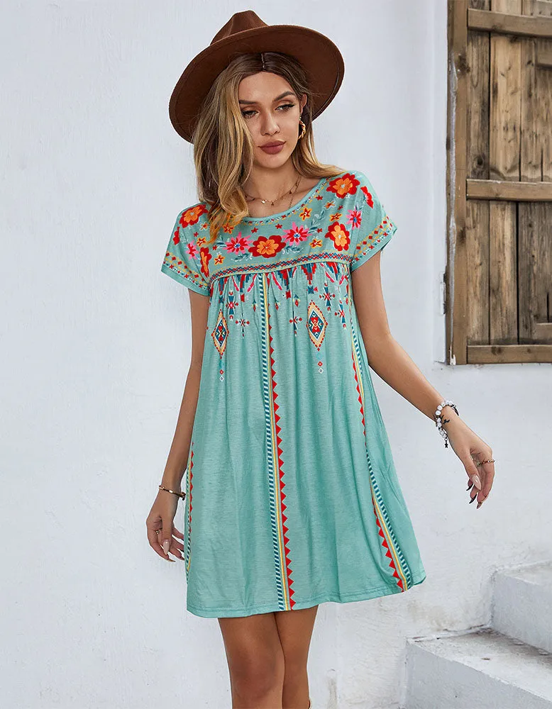 Floral Print Round Neck Short Sleeve Loose Short Dresses