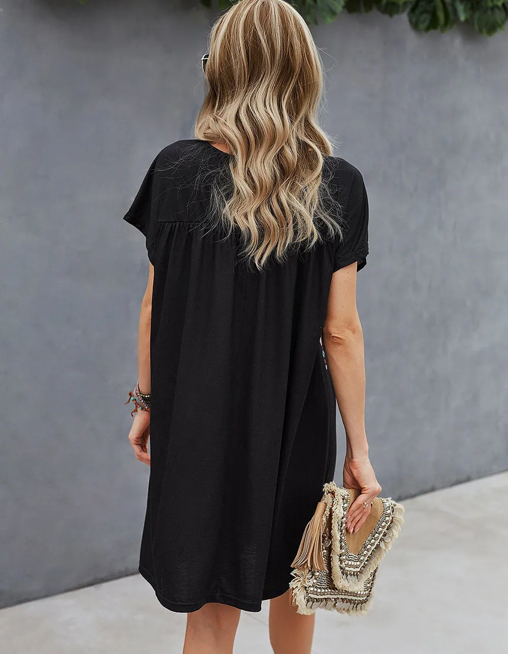 Floral Print Round Neck Short Sleeve Loose Short Dresses