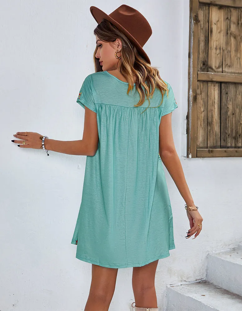 Floral Print Round Neck Short Sleeve Loose Short Dresses