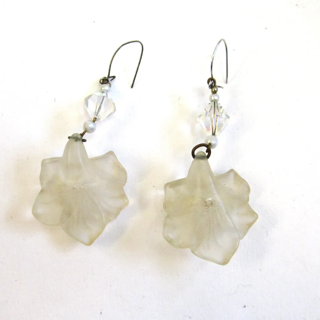 Frosted Lucite Plastic Hibiscus Floral Drop Pierced Earrings