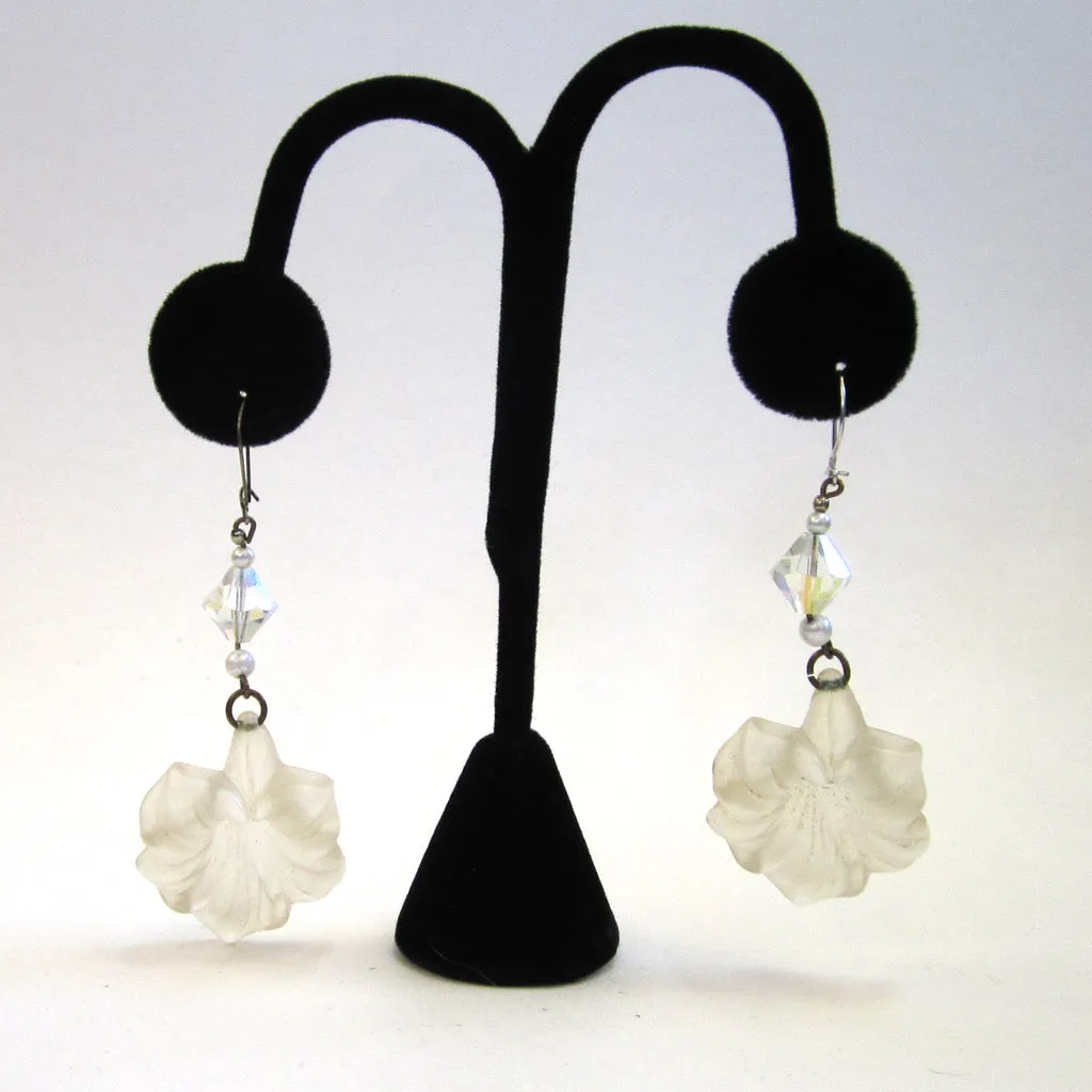 Frosted Lucite Plastic Hibiscus Floral Drop Pierced Earrings