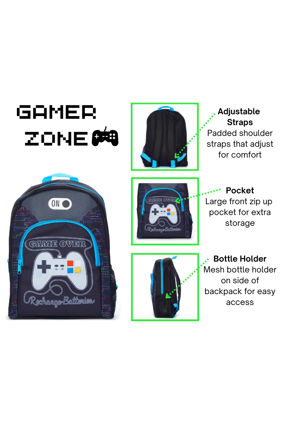 Game Over Recharge Batteries School Bag, Kids Boys Gamer Backpack