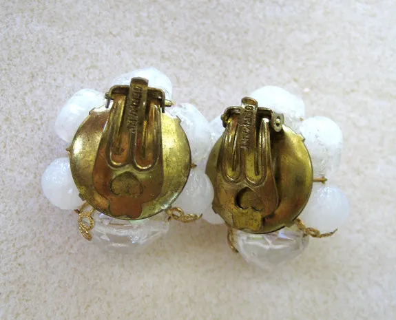 German-Made Frosted White Cluster Bead Earrings