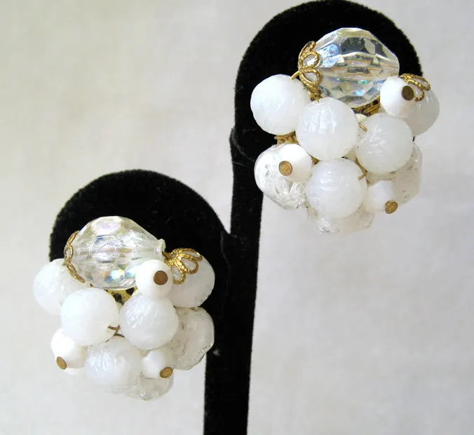 German-Made Frosted White Cluster Bead Earrings