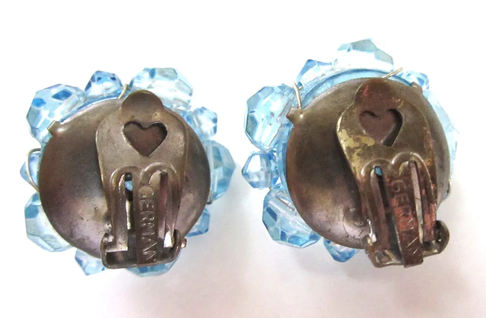 German-Made Pale Blue Plastic Faceted Bead Earrings