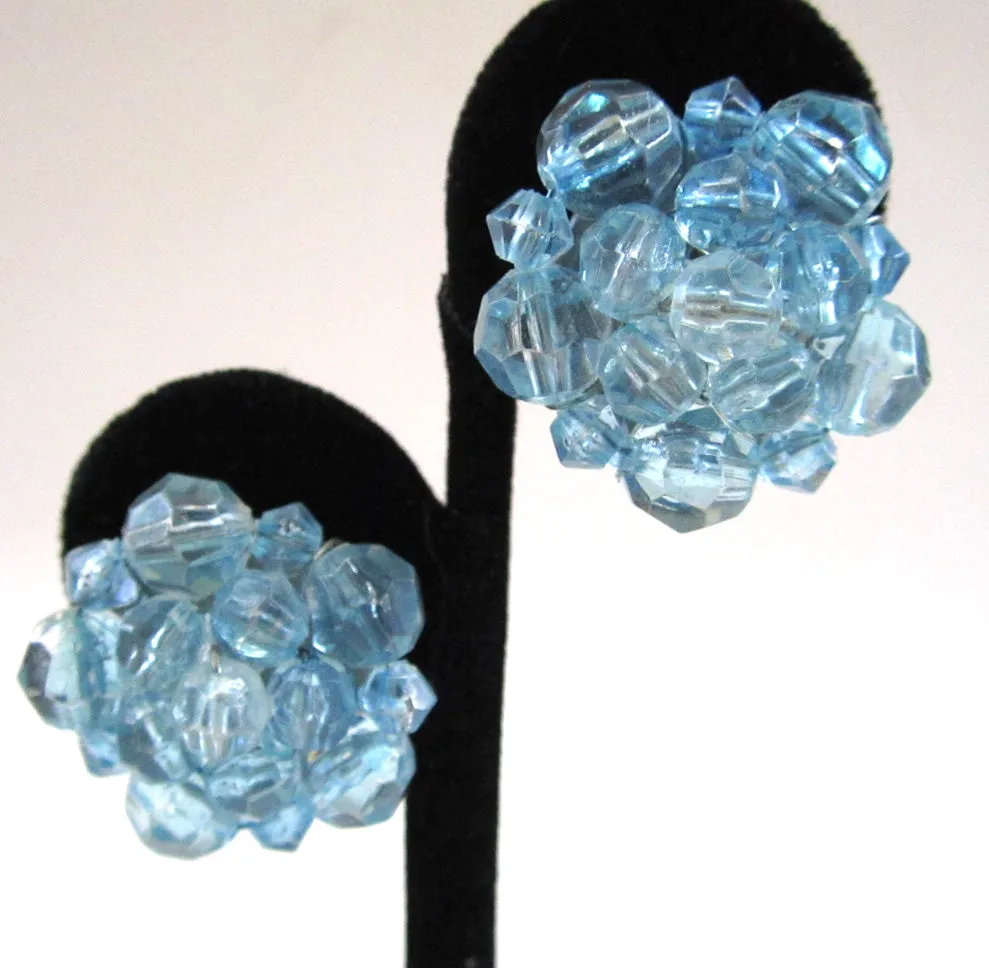 German-Made Pale Blue Plastic Faceted Bead Earrings