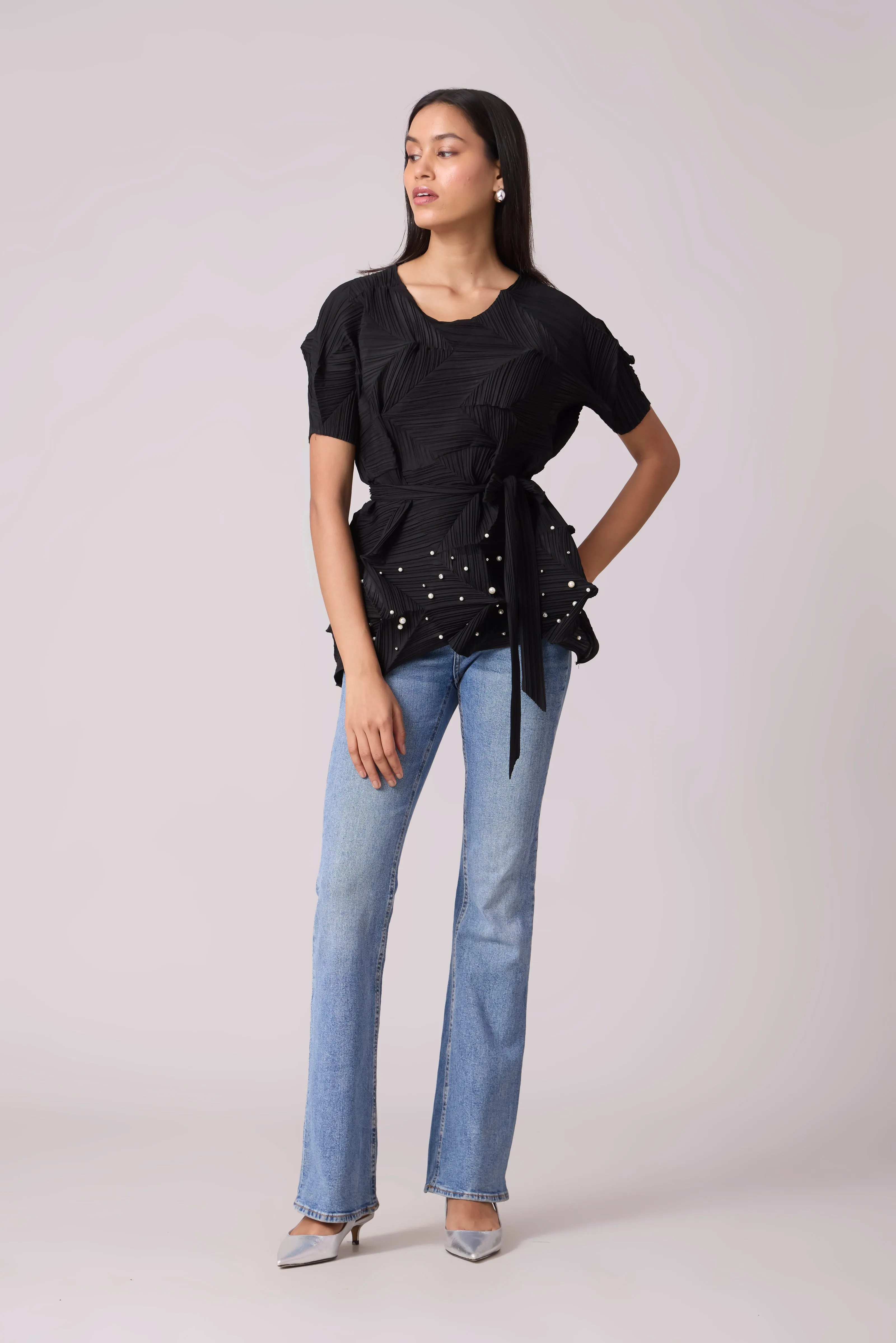 Gia 3D Pearled Top - Black