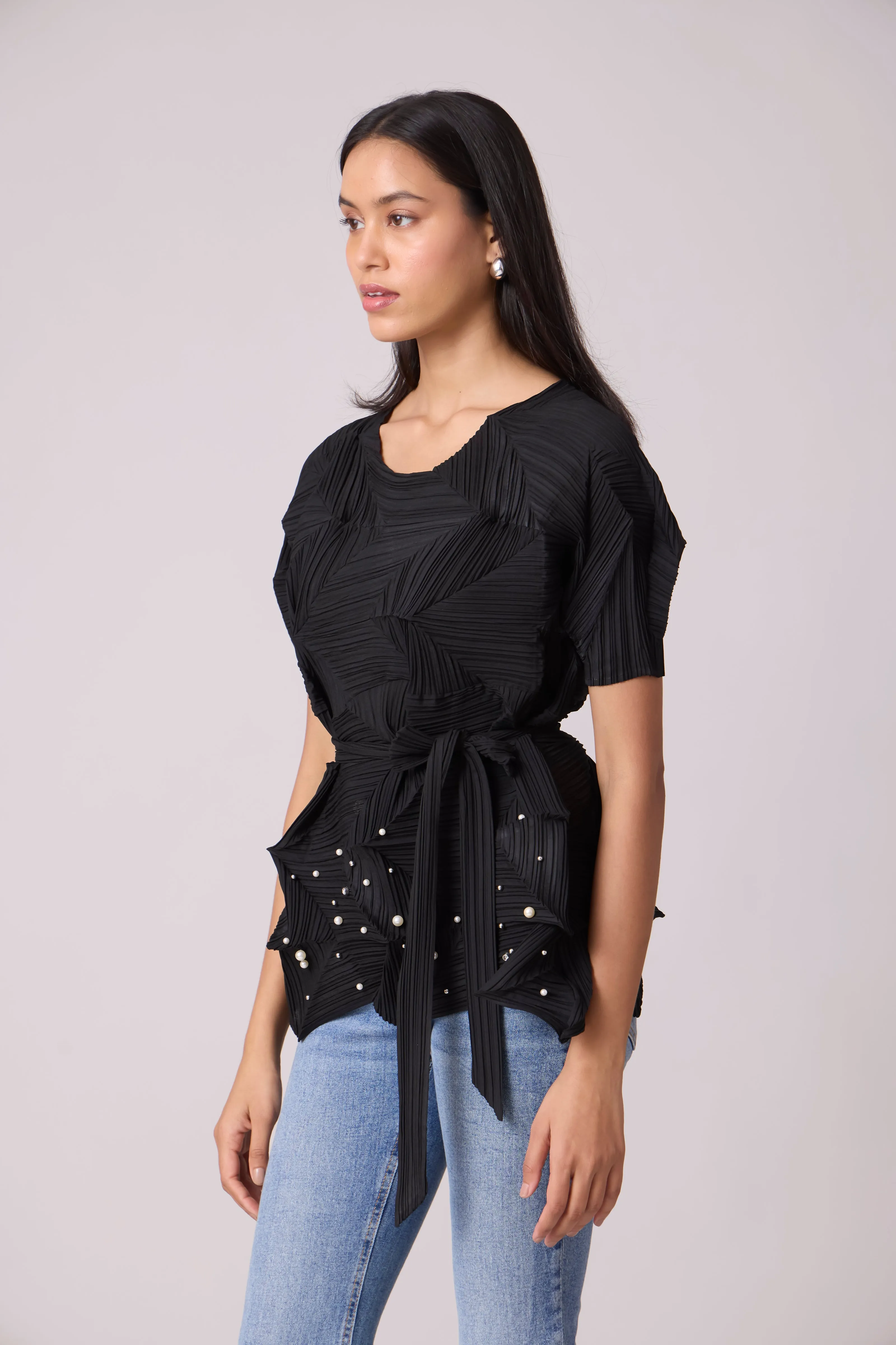 Gia 3D Pearled Top - Black