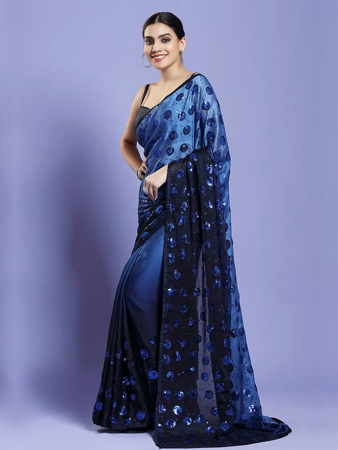 Glamours Navy Blue Crepe Saree with Dazzling Sequins