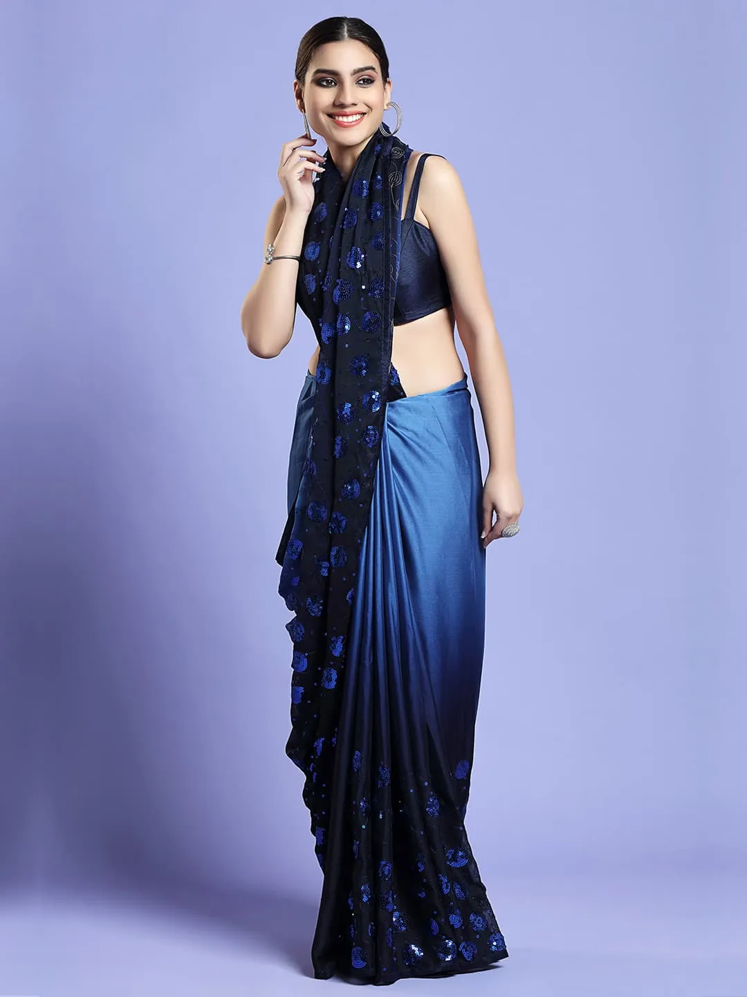 Glamours Navy Blue Crepe Saree with Dazzling Sequins