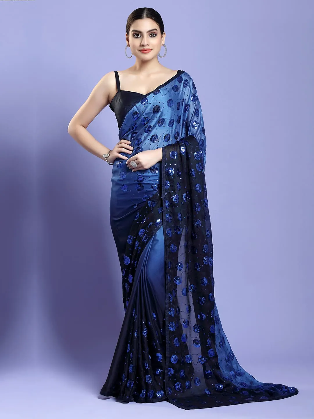 Glamours Navy Blue Crepe Saree with Dazzling Sequins