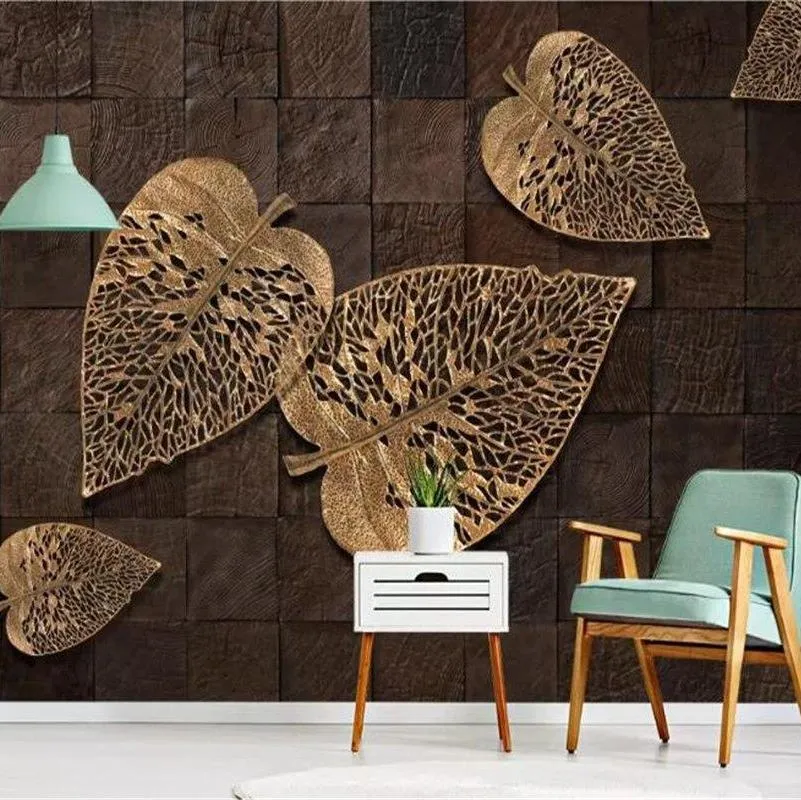 Golden Leaves Wallpaper Mural Modern 3D Wallcovering (㎡)