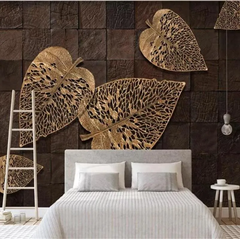 Golden Leaves Wallpaper Mural Modern 3D Wallcovering (㎡)
