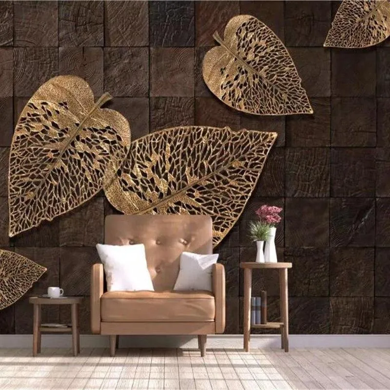 Golden Leaves Wallpaper Mural Modern 3D Wallcovering (㎡)