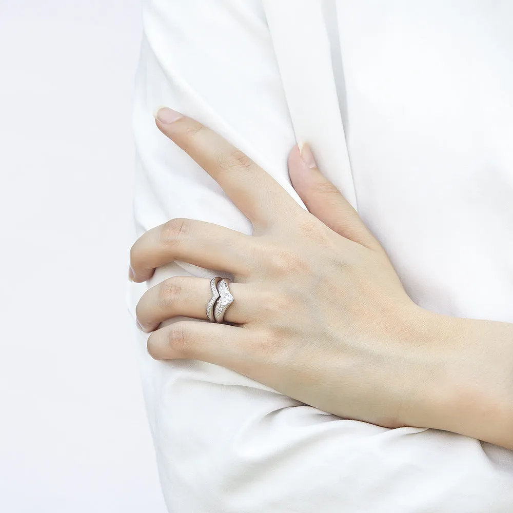 Heart-shaped Zircon V-shape Silver Ring Set for Women