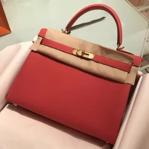 Hermès Kelly 32 Rouge Pivoine Togo Gold Hardware GHW