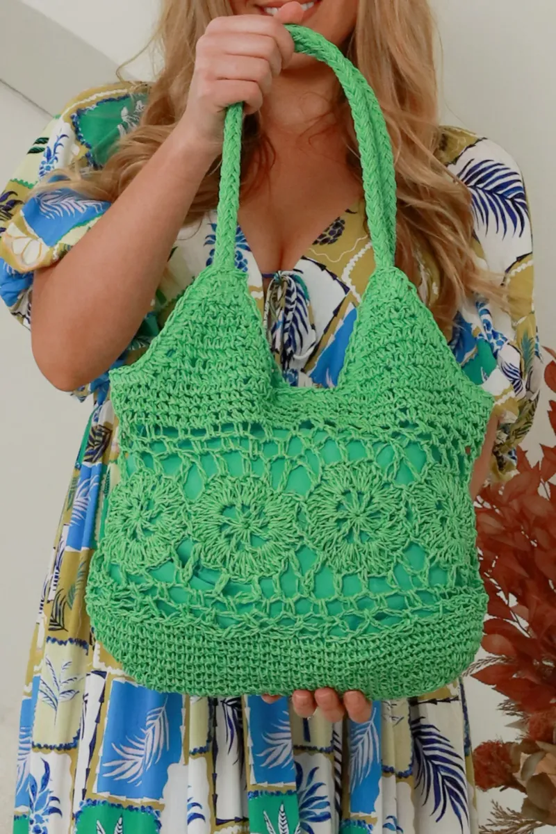 Isabella Boho Reef Straw Green Beach Bag