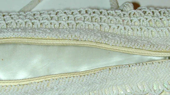 La Regale Barrel-Shaped Shag Bead and Sequined Cream Purse