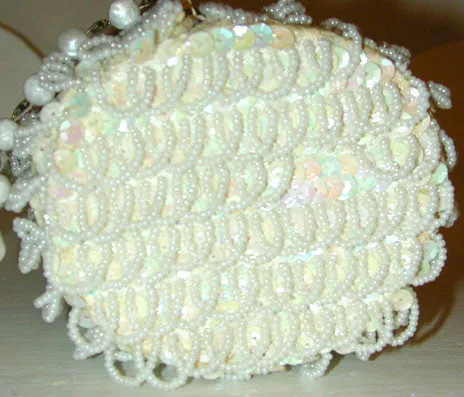 La Regale Barrel-Shaped Shag Bead and Sequined Cream Purse