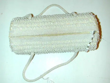 La Regale Barrel-Shaped Shag Bead and Sequined Cream Purse