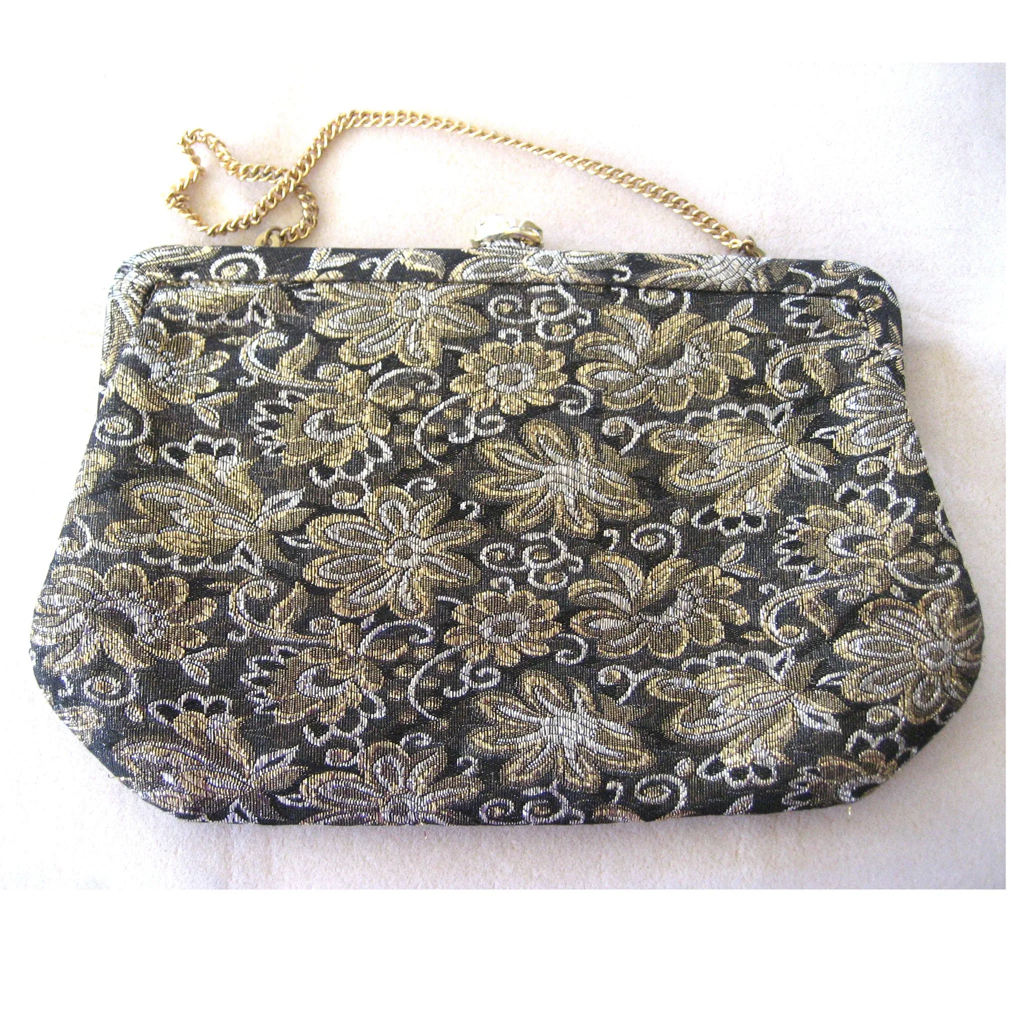 Late 1960s/Early 1970s Black Cloth Metallic Purse with Rose Clasp
