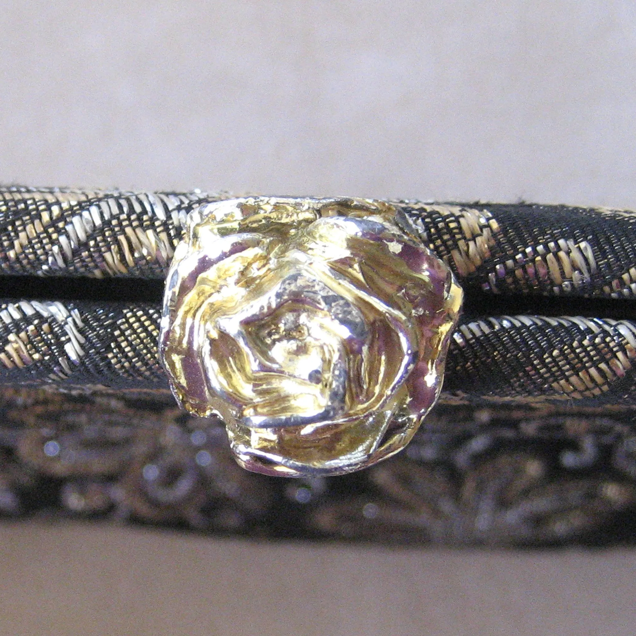 Late 1960s/Early 1970s Black Cloth Metallic Purse with Rose Clasp