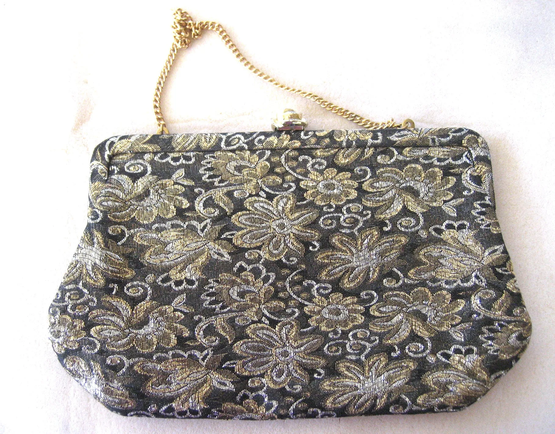 Late 1960s/Early 1970s Black Cloth Metallic Purse with Rose Clasp