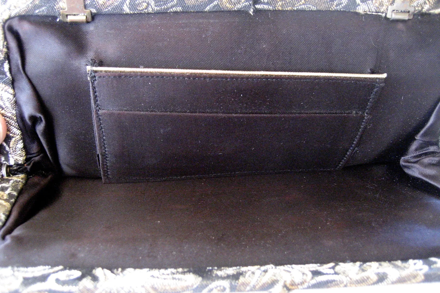 Late 1960s/Early 1970s Black Cloth Metallic Purse with Rose Clasp