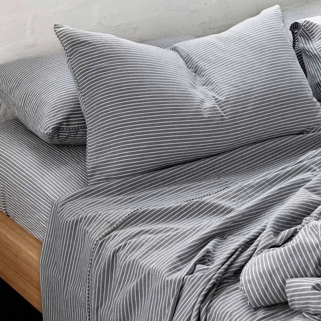 Leo Washed Cotton - Midnight Stripe Flat Sheet