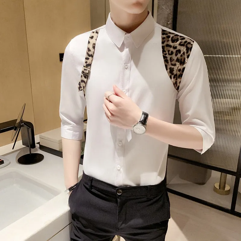 Leopard Print Patchwork Accent Men Monochrome Shirt