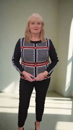 Libra Cotton Round neck Long sleeve top with arm detail Black red and White print