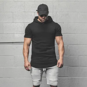 Men Short Sleeve Gym Style Hoodie T-Shirt