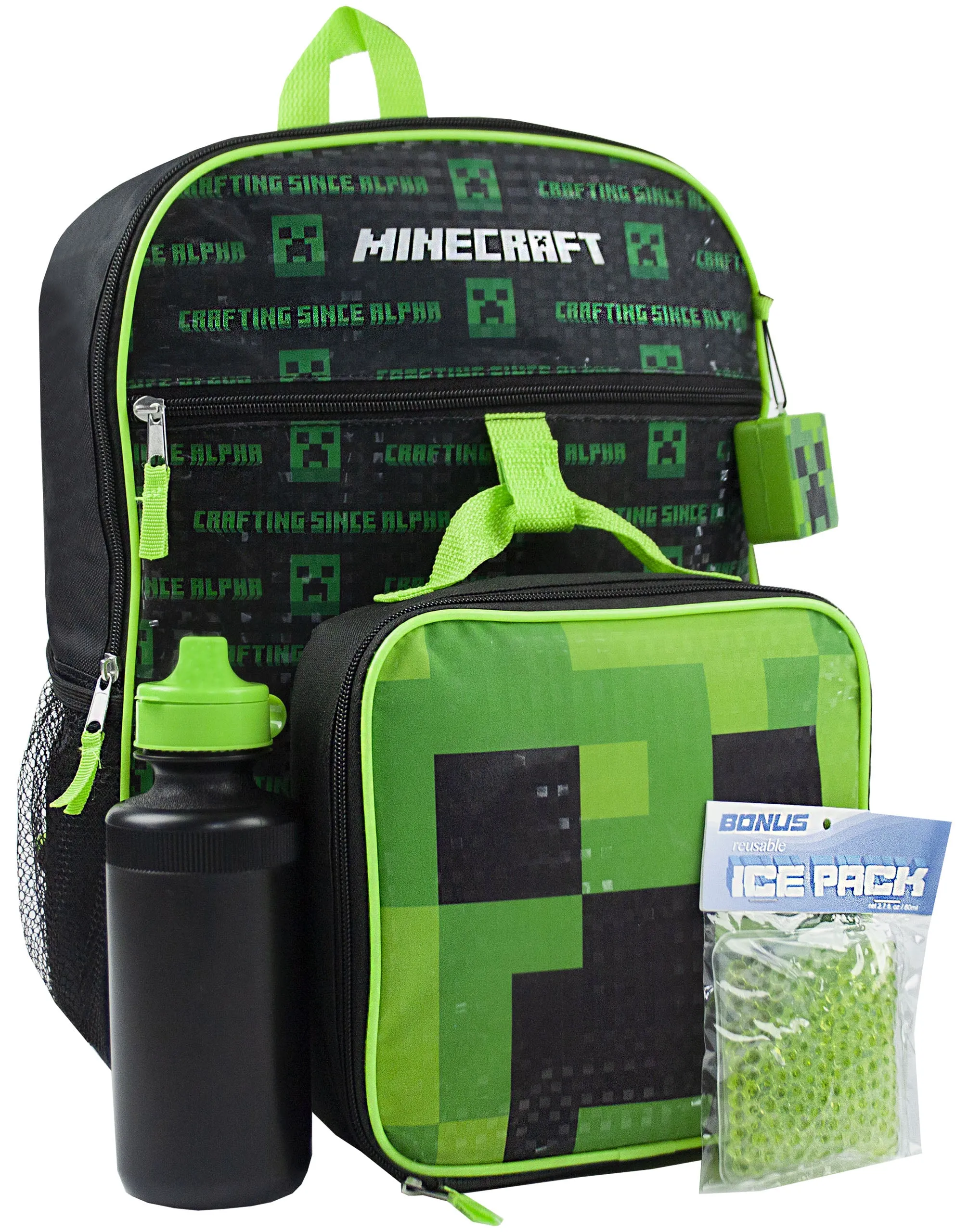 Minecraft Creeper 5 Piece Backpack Set Lunch Box Water Bottle Ice Pack Squishy