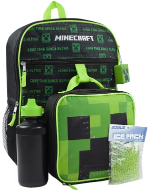 Minecraft Creeper 5 Piece Backpack Set Lunch Box Water Bottle Ice Pack Squishy