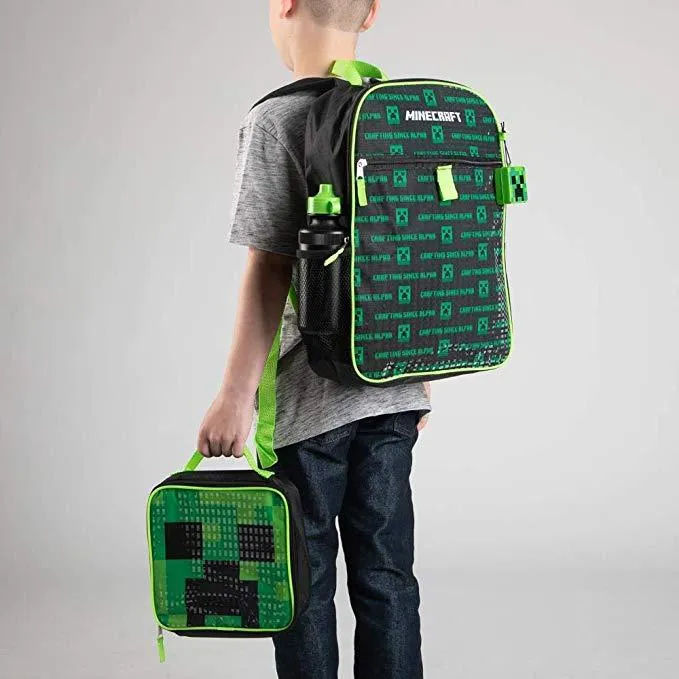 Minecraft Creeper 5 Piece Backpack Set Lunch Box Water Bottle Ice Pack Squishy