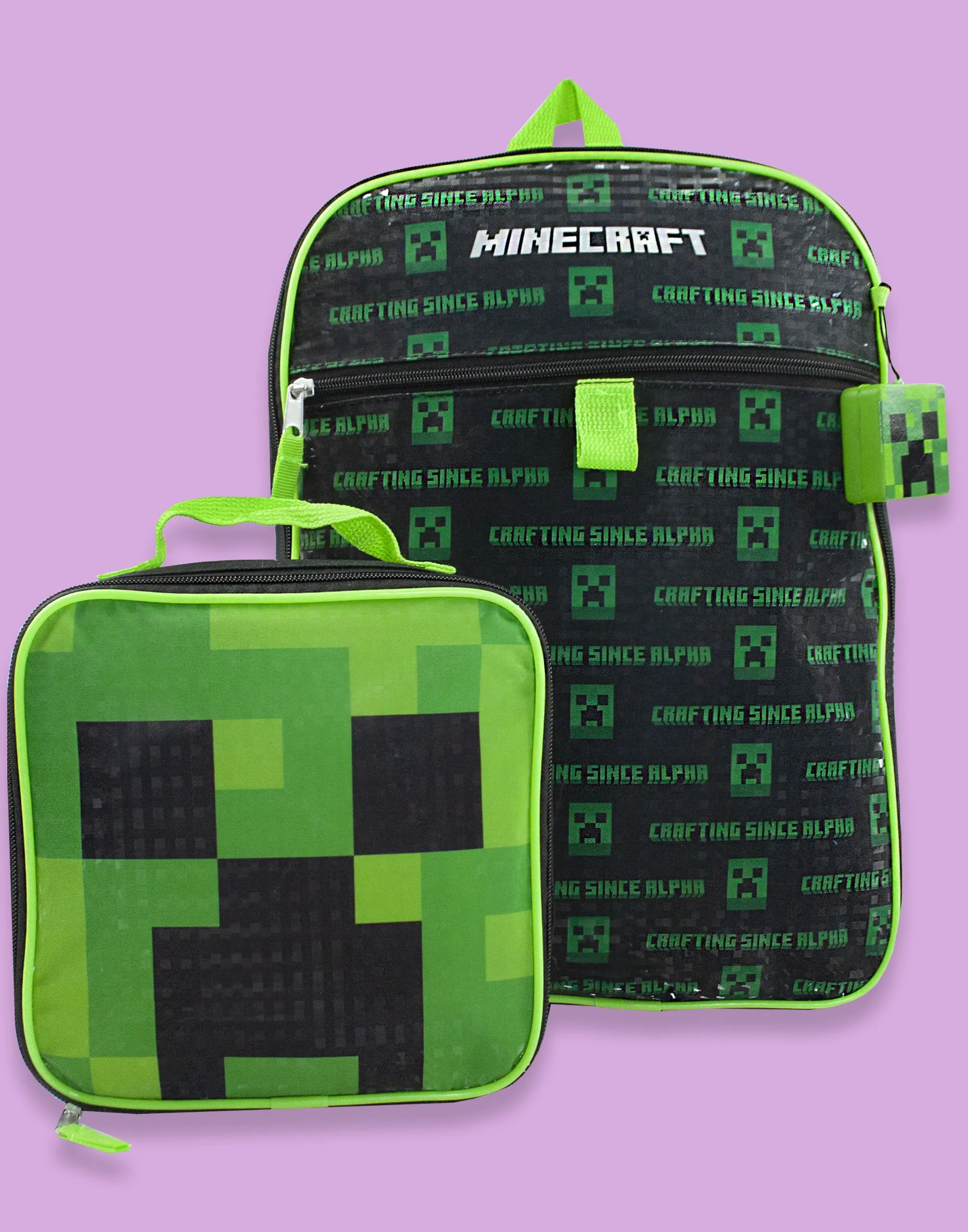 Minecraft Creeper 5 Piece Backpack Set Lunch Box Water Bottle Ice Pack Squishy