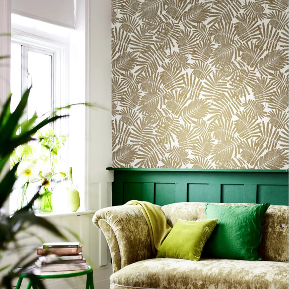 Modern Metallic Gold White Leaf Wallpaper (5.3 ㎡)