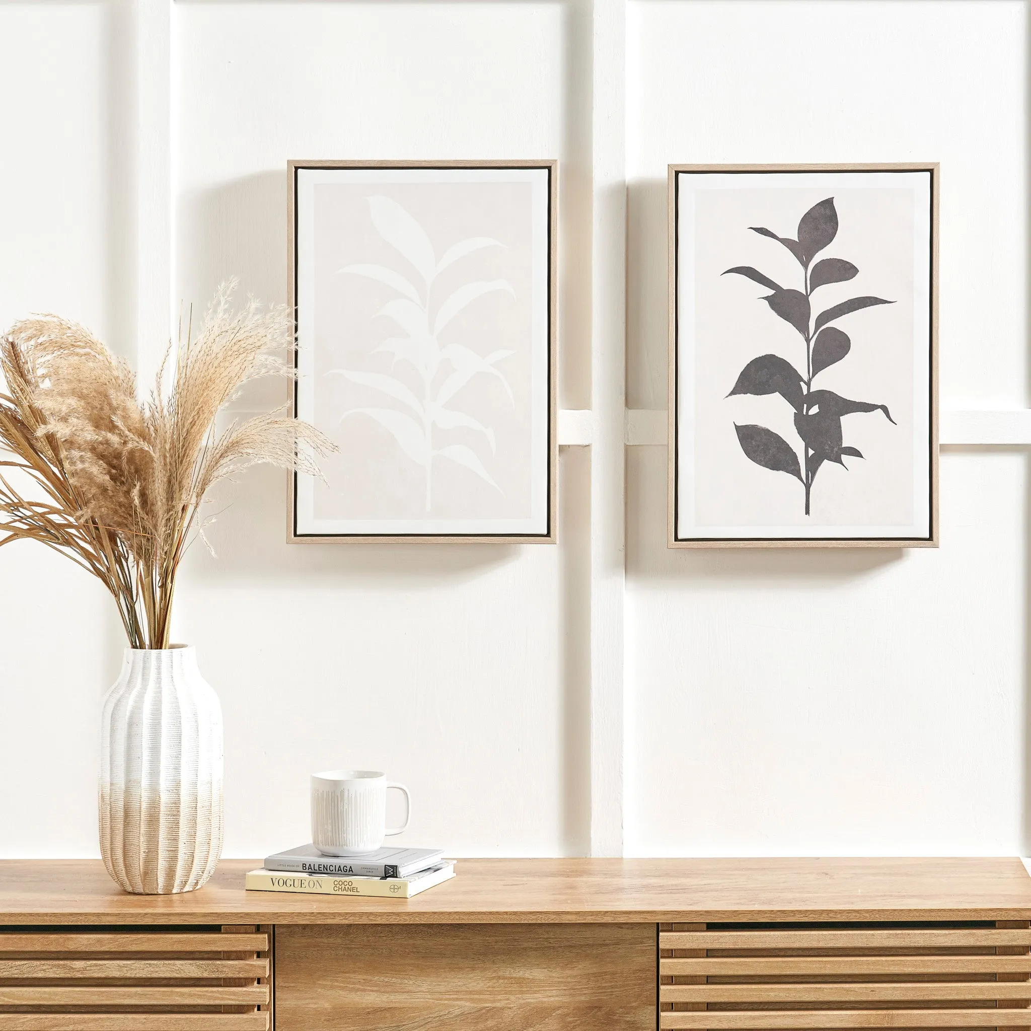 Natural and Black Leaf Print Canvases with Natural Frames