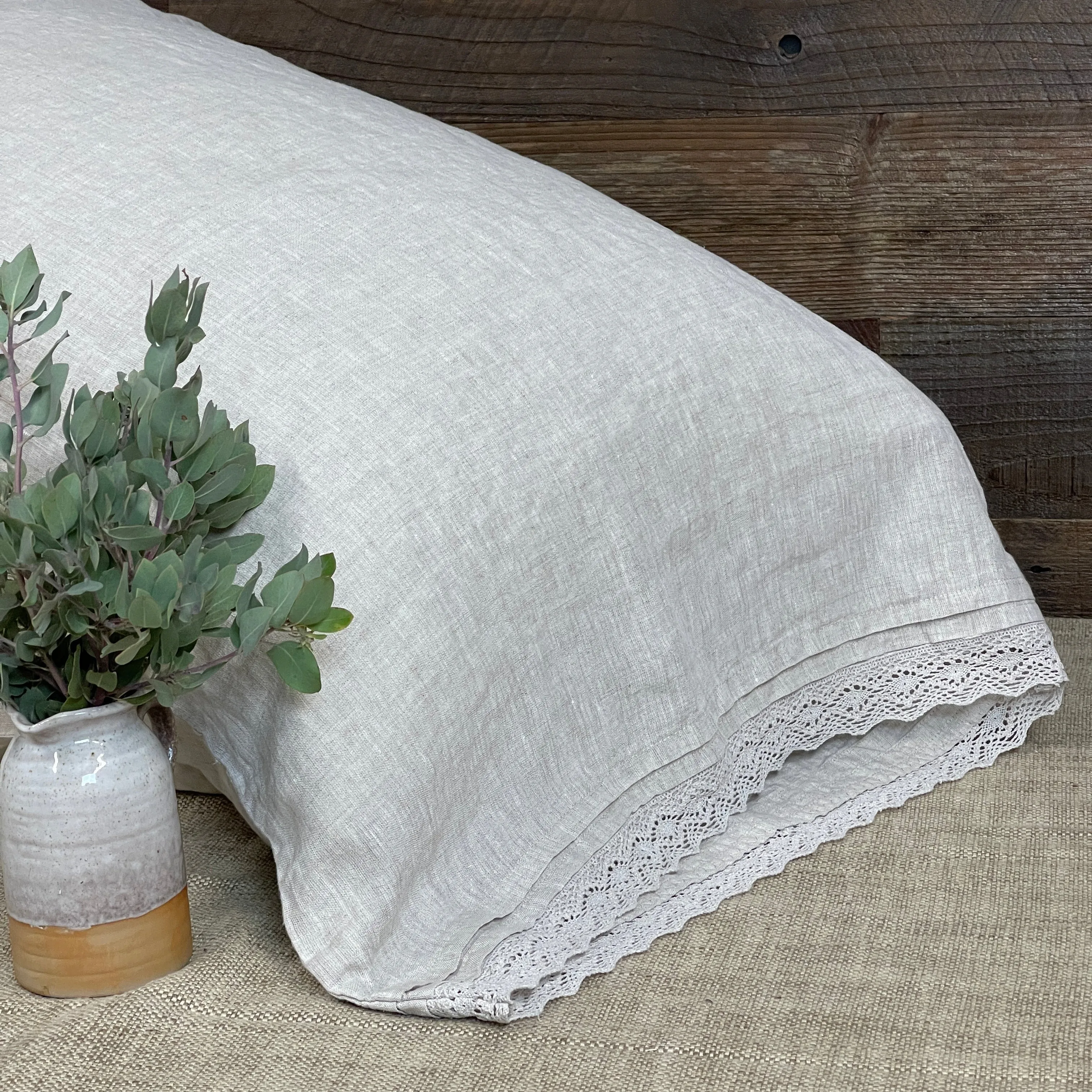 Nostalgia Greige Flax Pillowcase with Lace